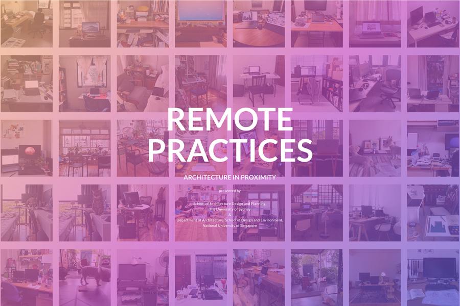 collage of home workspaces with pink gradient covering, "remote practices" text overlayed