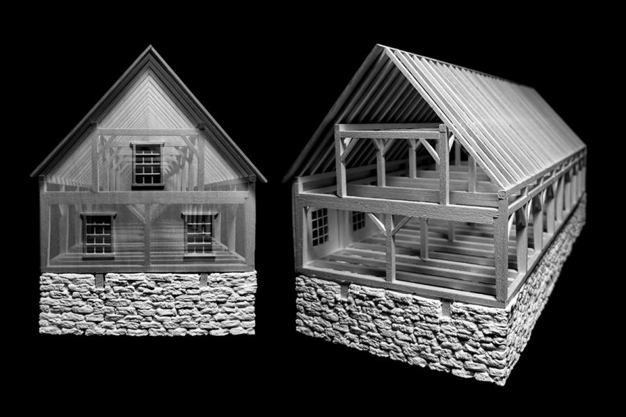 Scale model displaying the gable end façade and internal structural components.