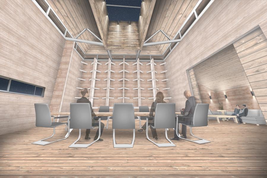 Rendering of the interior, people sit indoors looking up at the wood ribs