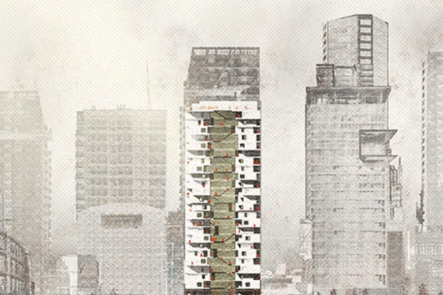 Collage rendering of a tower.