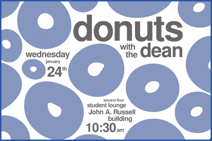 Graphic with abstract blue donuts that reads "Donuts with the Dean".