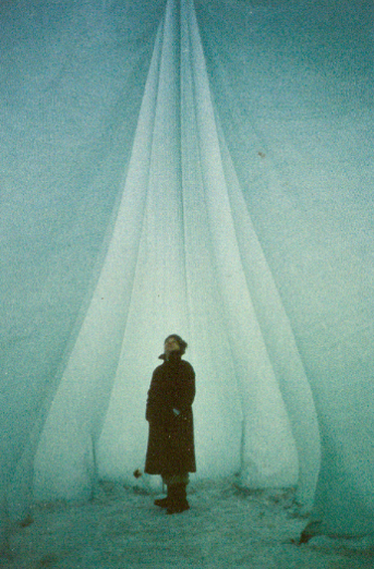 Heinz Isler standing inside his ice tower; from “Heinz Isler” by J. Chilton and H. Isler 
