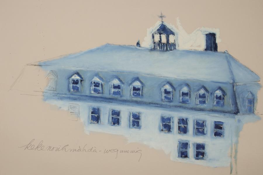 Robert Houle, schoolhouse from Sandy Bay Residential School Series, 2009, oil stick on paper. Collection of the School of Art Gallery, acquired with funds from the York Wilson Endowment Award, the Canada Council for the Arts.