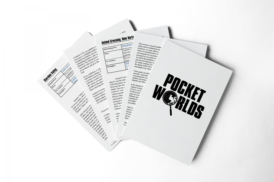 Four loose pages of Ciel Caudle's Pocket Worlds document fanned out on a white background. featuring black and white copy and title text.