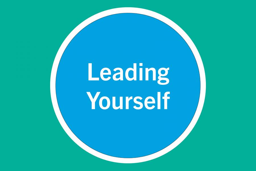 Text "leading yourself" on a blue circle