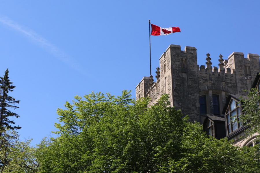 A Canadian flag flies above the Tier building at the University of Manitoba Fort Garry campus. 