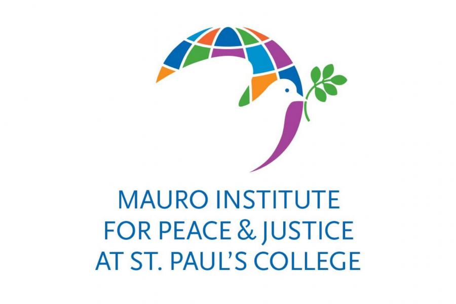 The Mauro Institute for Peace and Justice logo featuring a silhouette of a white dove holding an olive branch with a colourful globe behind it.