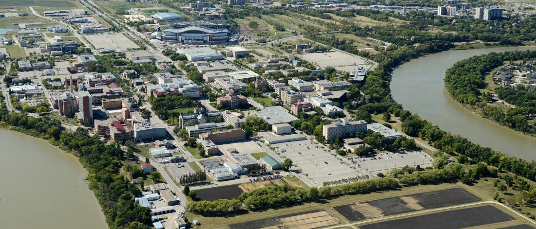An aerial photo of the University of Manitoba Fort Garry campus.