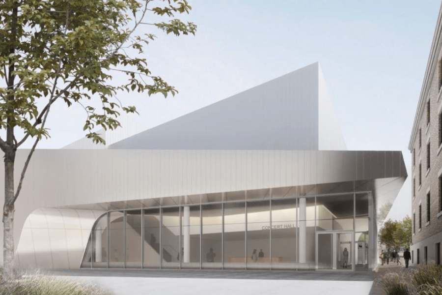 An architectural rendering of the Desautels Concert Hall.