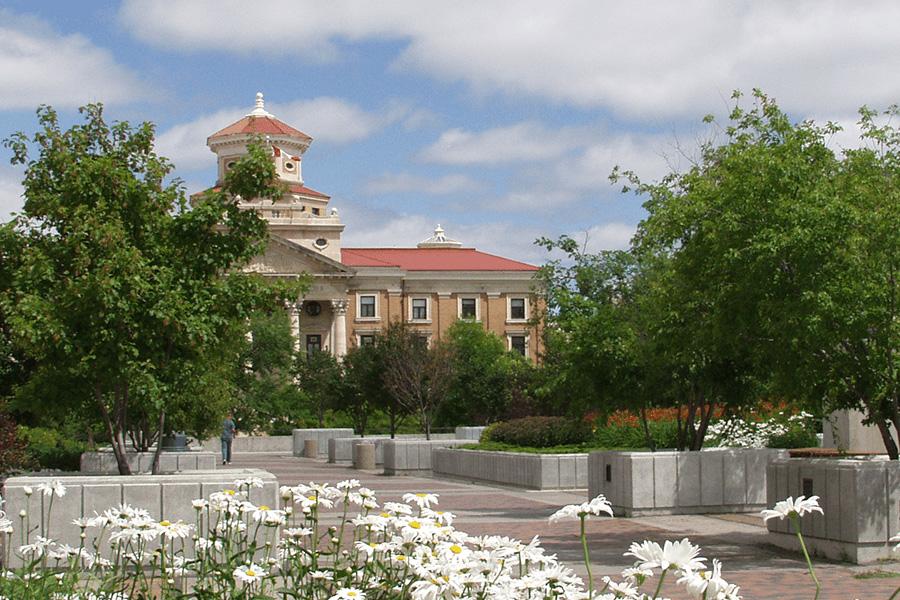 A wide shot of the UM Admin building with daisies on the foreground.