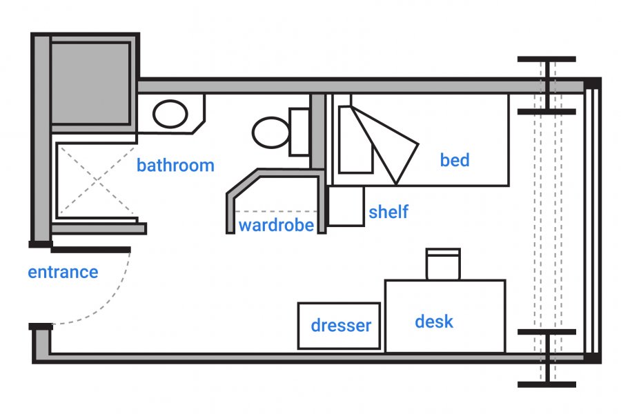Schematic floorplan of a single occupancy room in Pembina Hall Residence. Room features a private bathroom with shower and a wardrobe to the left of the entrance. A dresser, desk, shelf and bed are at the end of the room with a large window filling the back wall.  