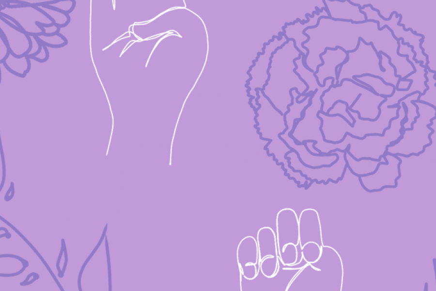 Purple background with flowers and fist