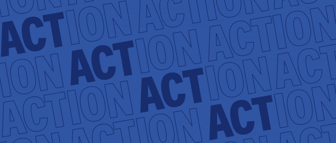 A blue graphic where the background is the word ACT repeating at a diagonal angle.