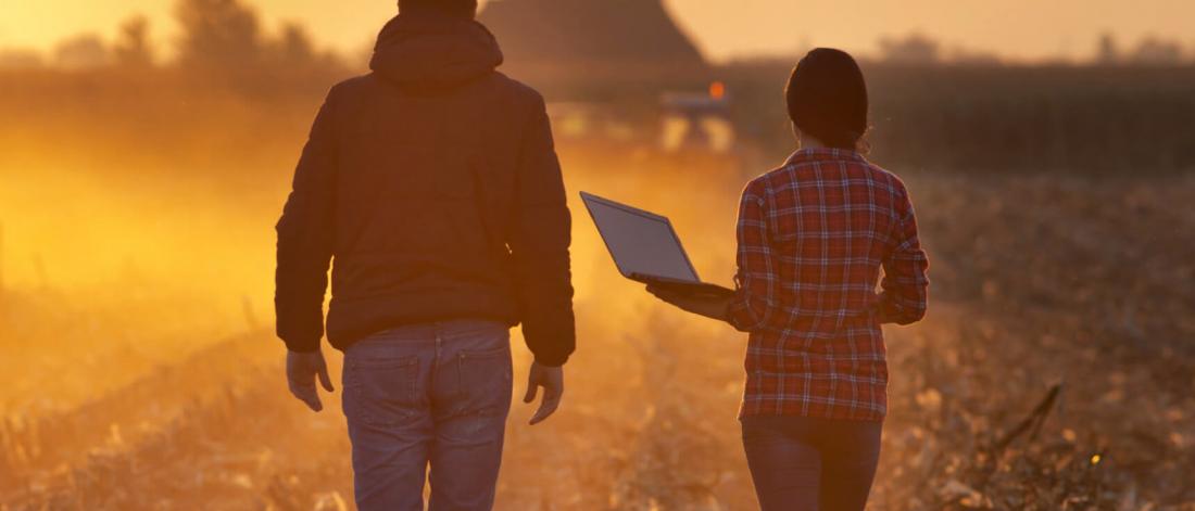 A man and woman walk through a field crop at sunset. An agricultural drone flies overhead, sending data to the woman’s laptop.