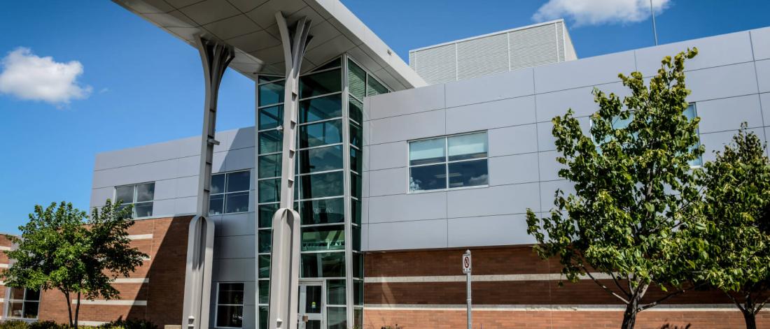 An exterior view of the front entrance of the Richardson Centre for Functional Foods and Nutraceuticals.