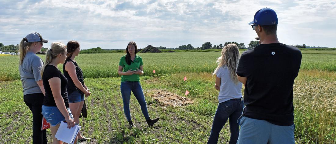 Students listen to instructor in soybean field.