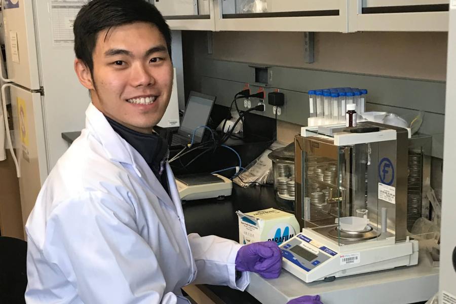 A laboratory setting with a student sitting at a counter working with some lab equipment.