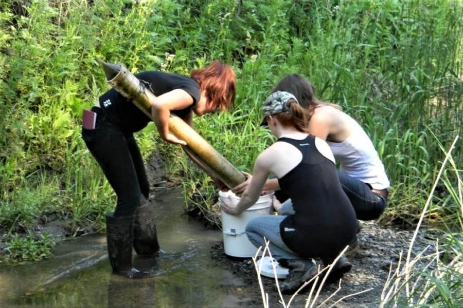 Students gathering water samples.