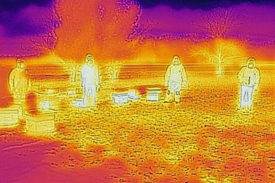 Beekeepers and bee hives captured with infrared camera.
