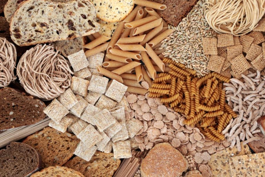 A display of whole grain products.
