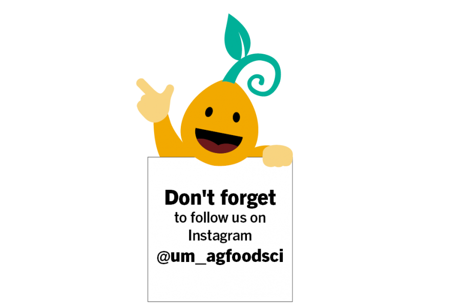 A seed mascot holds a sign that says Don't forget to follow us on Instagram @um_agfoodsci