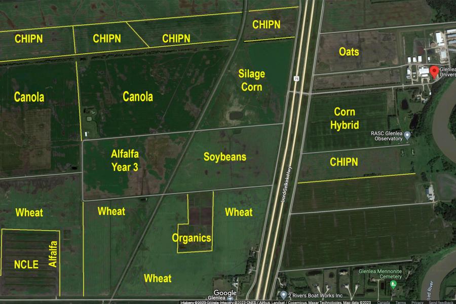Aerial map of Glenlea showing locations of various crops 