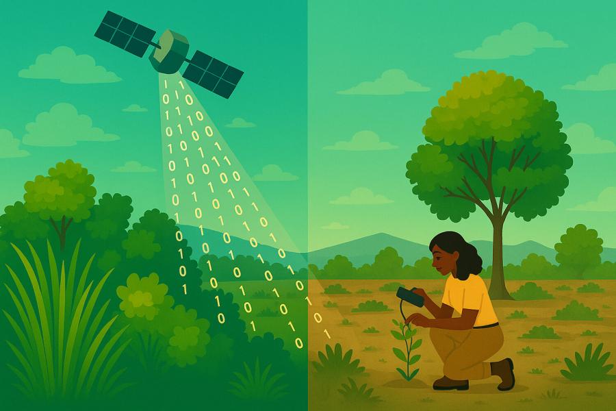 A satellite collects ground info and transmits it to a technician with a device