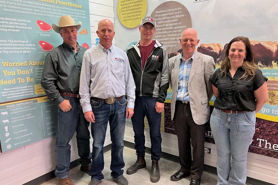 Representatives from the Beef Cattle Research Council (BCRC) visited the Glenlea Research Station for the announcement of the BCRC Chair. L to R: Lee Irvine, Craig Lehr, Dean Manning, Martin Scanlon (Dean, UM Faculty of Agricultural and Food Sciences) and Andrea Brocklebank