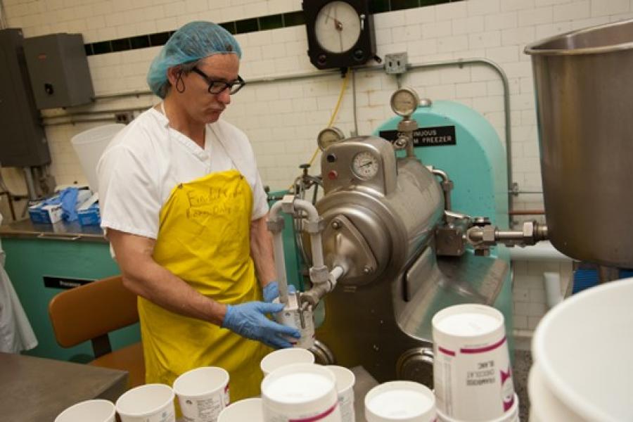Dairy plant volunteers making ice cream 