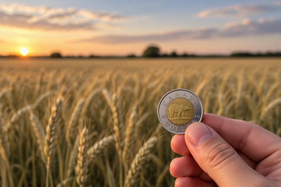 A Toonie is held in front of a field of wheat