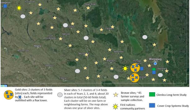 A map of proposed data collection sites in the black soil zone in the eastern Canadian prairies