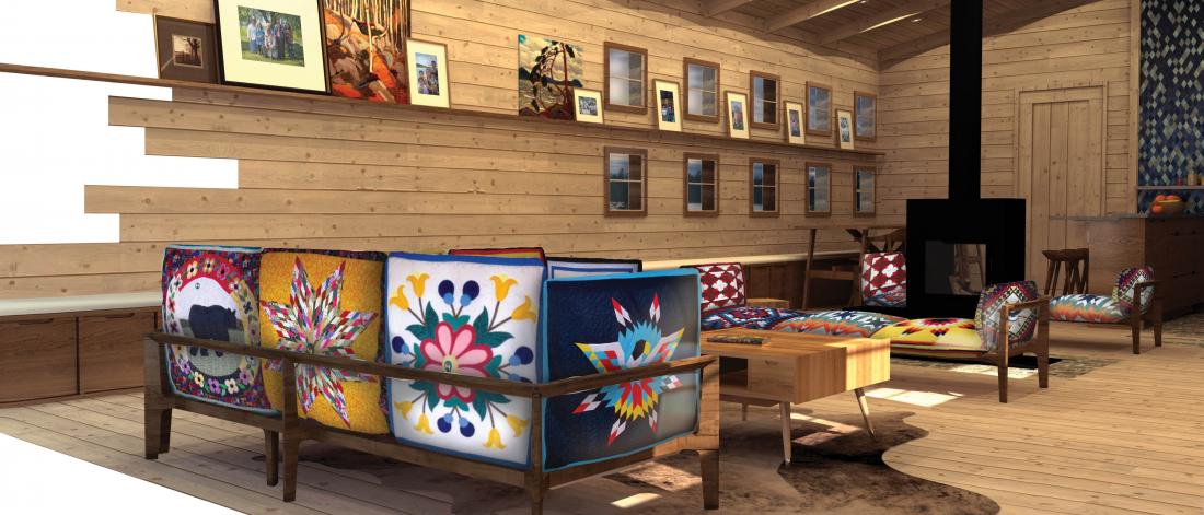 Rendering of a warm cabin.