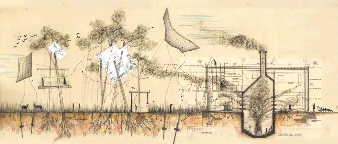 drawing of buildings and animals