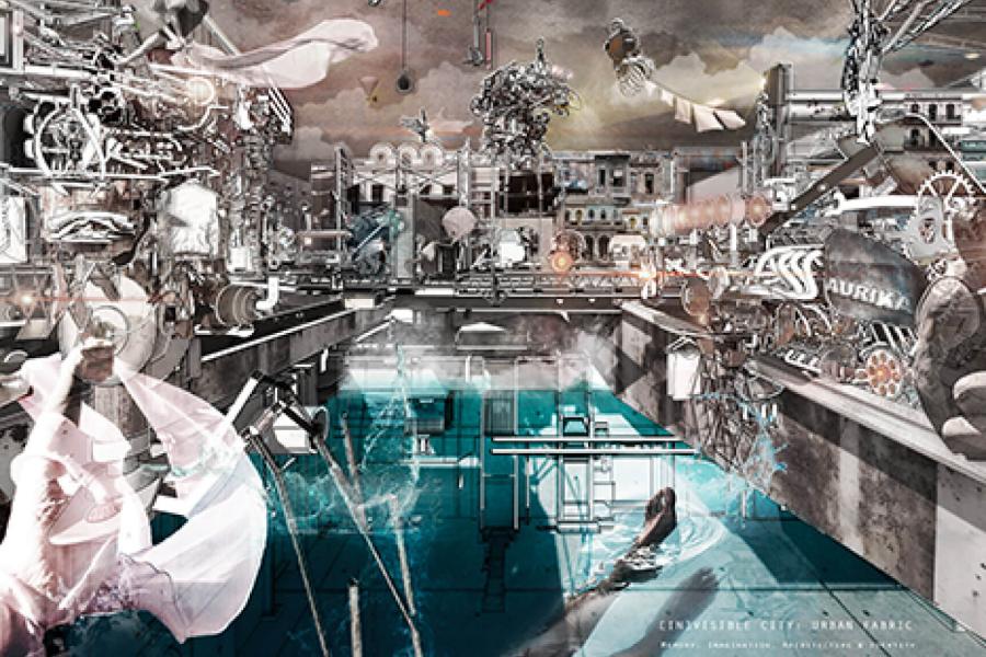 Urban-industrial collage dominated by illustrations of gears and flying machines, with feet in swimming pool in foreground.
