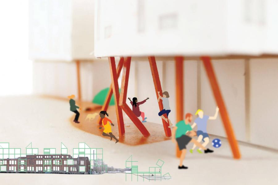 Illustrated people climbing on and playing around architectural model of building, and elevation drawing of geometric additions to existing building.