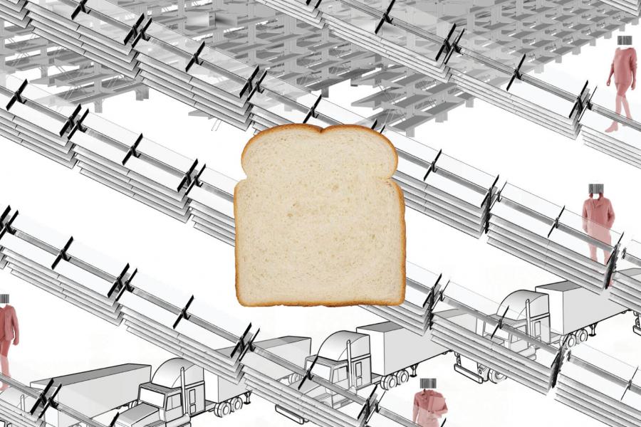Semi trucks, industrial shelving, and people in jumpsuits with barcodes for faces, and a large slice of white bread in centre.