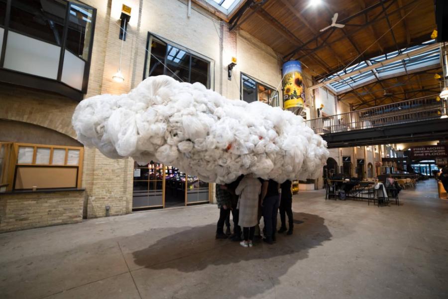 Cloud of unintended consequences installation on display in The Forks Market Building.
