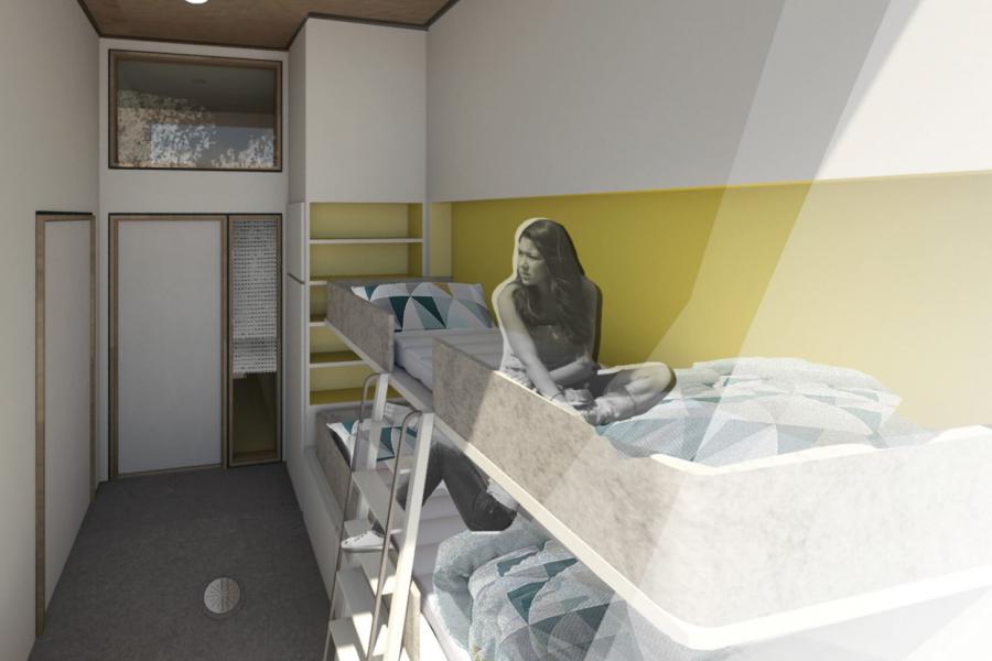 Interior view of a childs room as part of a mother-child unit connected with a pocket door. The room features bunk beds, shelving, table and large window. 