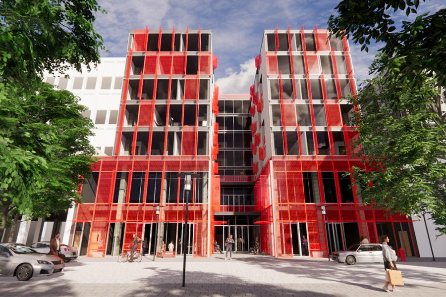 rendering of red building with green trees surrounding