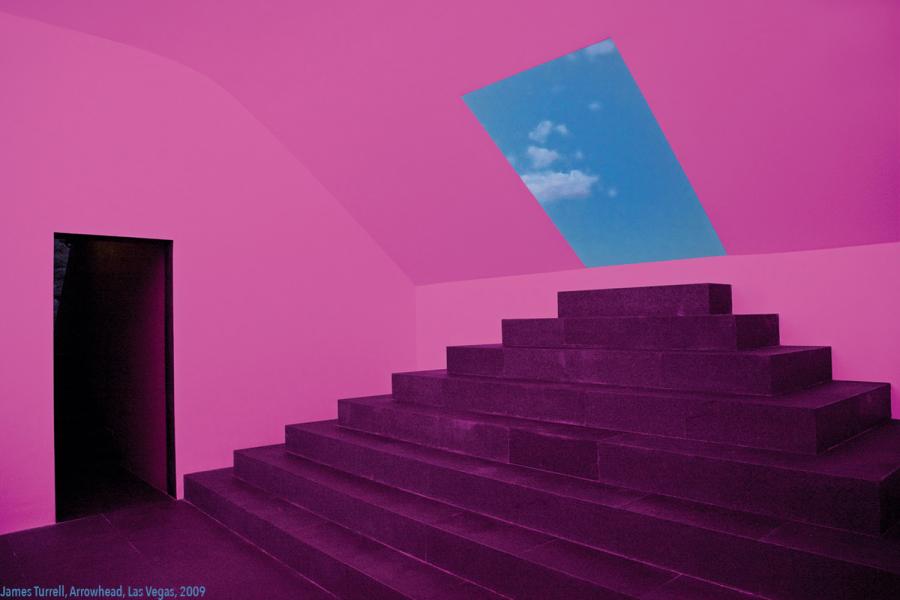 pink room with stairs leading up a wall to a photo of the sky