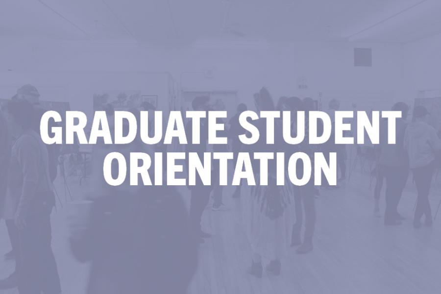 graduate student orientation text overlayed on a purple background image