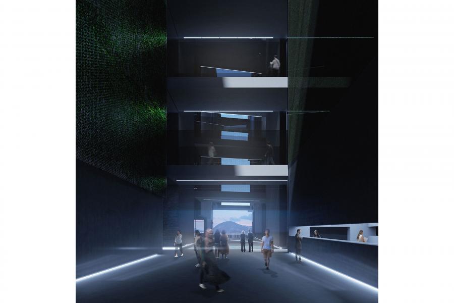 Interior render of the entrance and reception; on-looking towards a mountain peak directly ahead