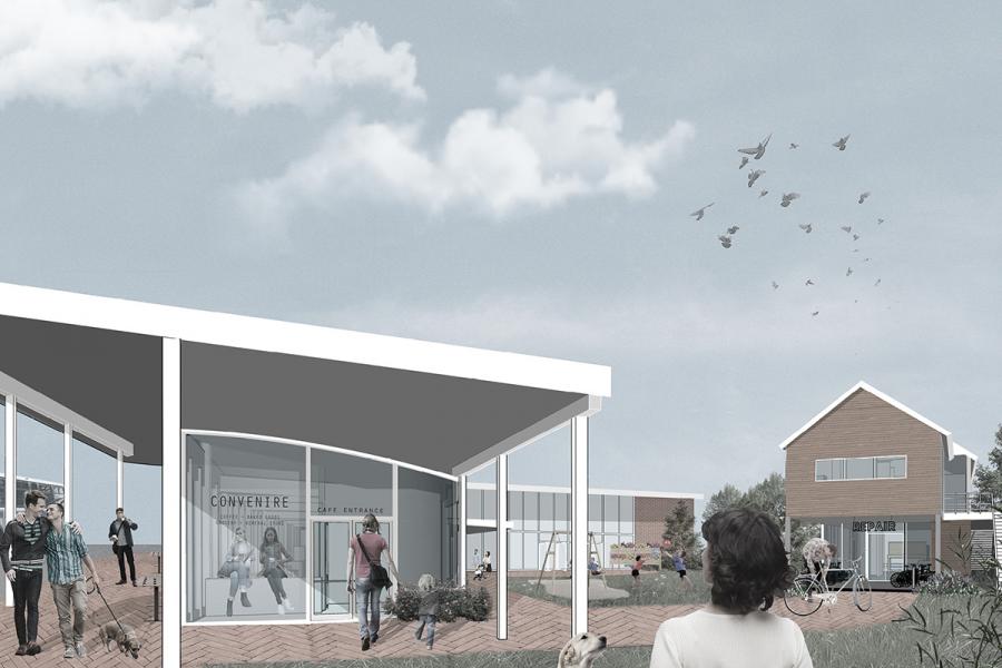 exterior rendering of building with someone walking in front