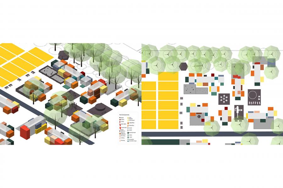 Communal space, private space and schematic Pod Houses
