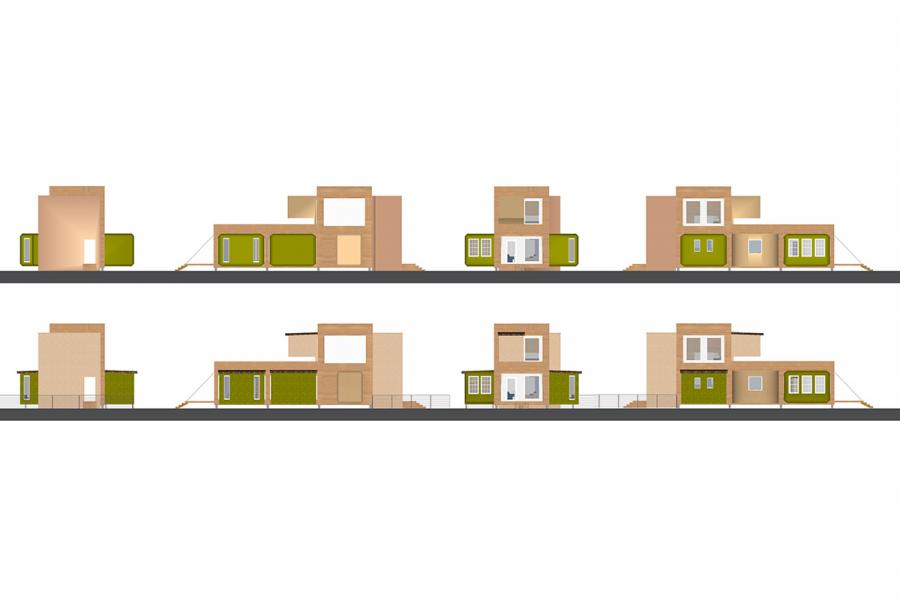 Elevations of a totally prefabricated Pod House vs. a hybrid Pod House with self-built pods