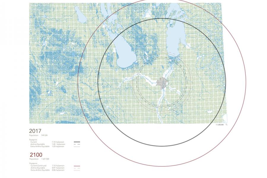 Initial mapping of Winnipeg’s current and projected future ecological footprint compared to global anthro-equitable and eco-equitable ideals. How can we ensure an equitable and sustainable future?