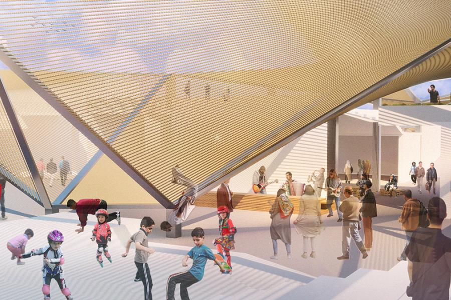 View of center area on ground level – Street music platform and playground This image shows the center area of the project which is one of the most important parts of the area. People could gather, socialize, and pass their time while enjoying street music and their children are playing in the playground. They could all enjoy having fun under the proposed shading structure.