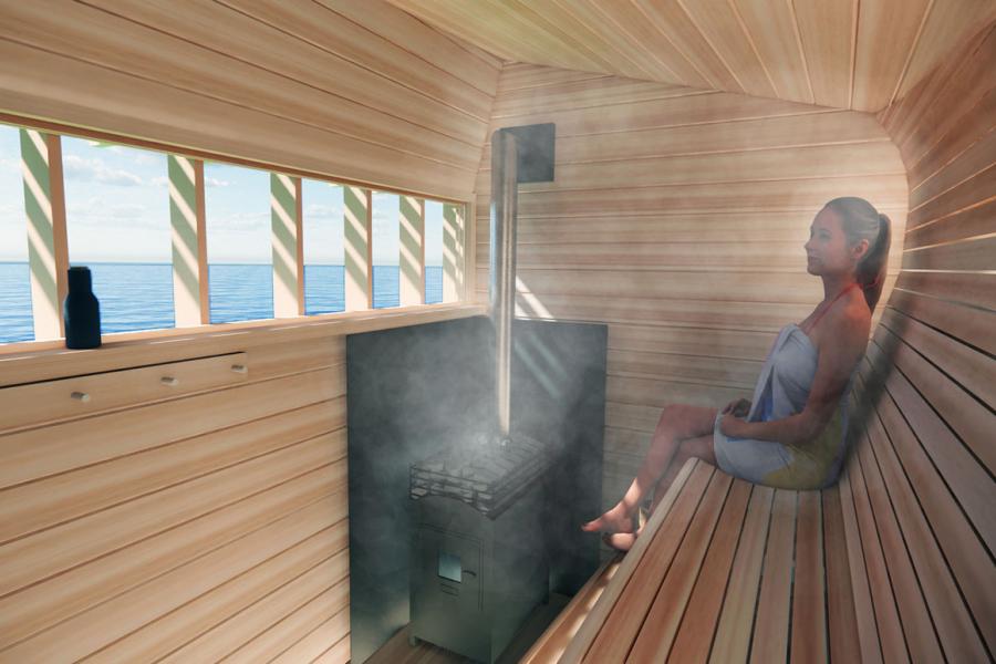 Person sitting in a sauna