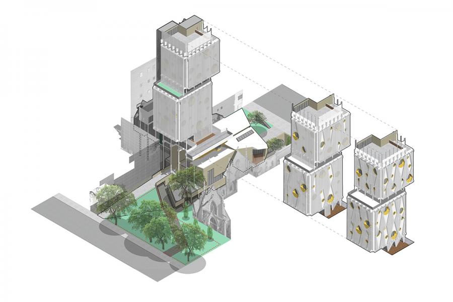 South-west isometric with curtain facade in closed, partially open and fully open positions