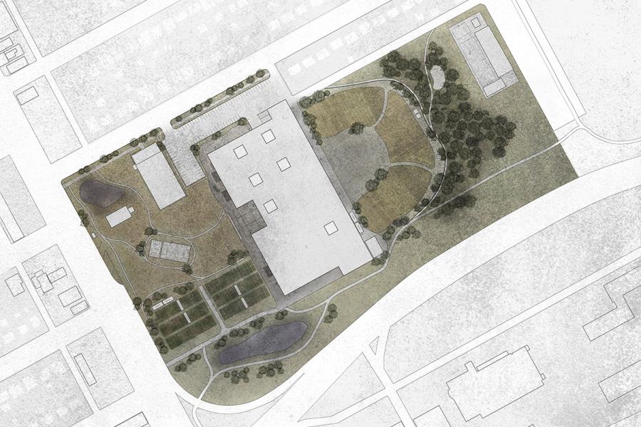 Site Plan of final redeveloped big box store. The site removes the surface parking lot to allow the revitalization of the natural prairie landscape and food production.